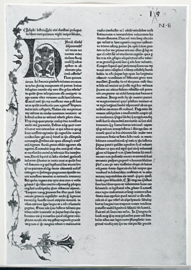 Anonimo , Anonimo - 1470 - Giuseppe Flavio, De antiquitate judaica. De bello judaico (trad. di Rufinus Aquileiensis), prima edizione, un foglio intero , fronte