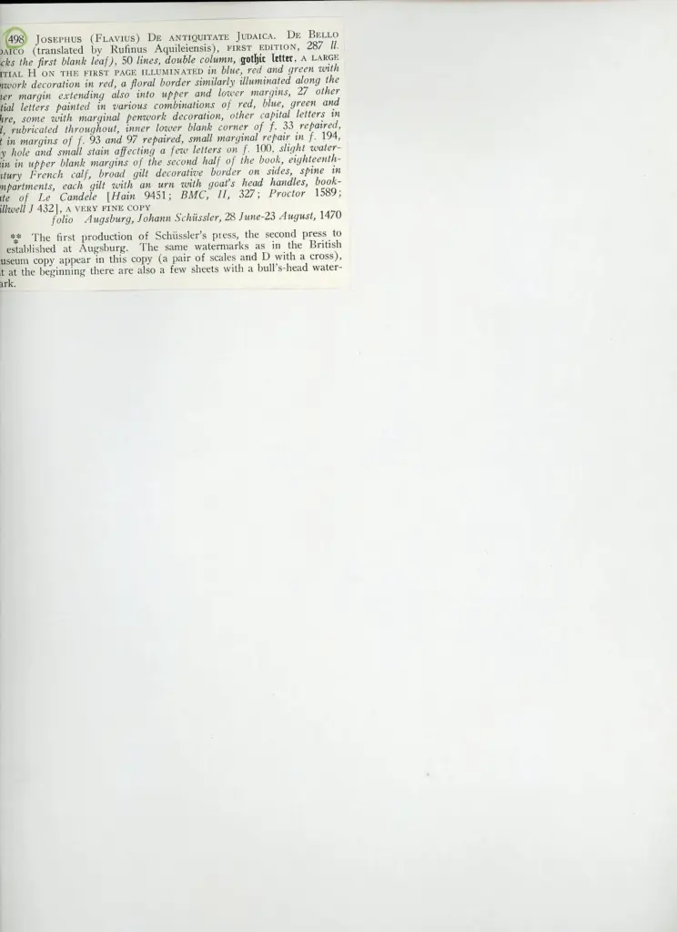 Anonimo , Anonimo - 1470 - Giuseppe Flavio, De antiquitate judaica. De bello judaico (trad. di Rufinus Aquileiensis), prima edizione, un foglio intero , retro
