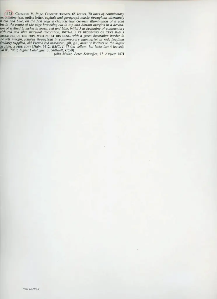 Anonimo , Anonimo - 1471 - Clemente V, Constitutiones (ed. Mainz, Peter Schoeffer, 13 agosto 1471), un foglio intero , retro