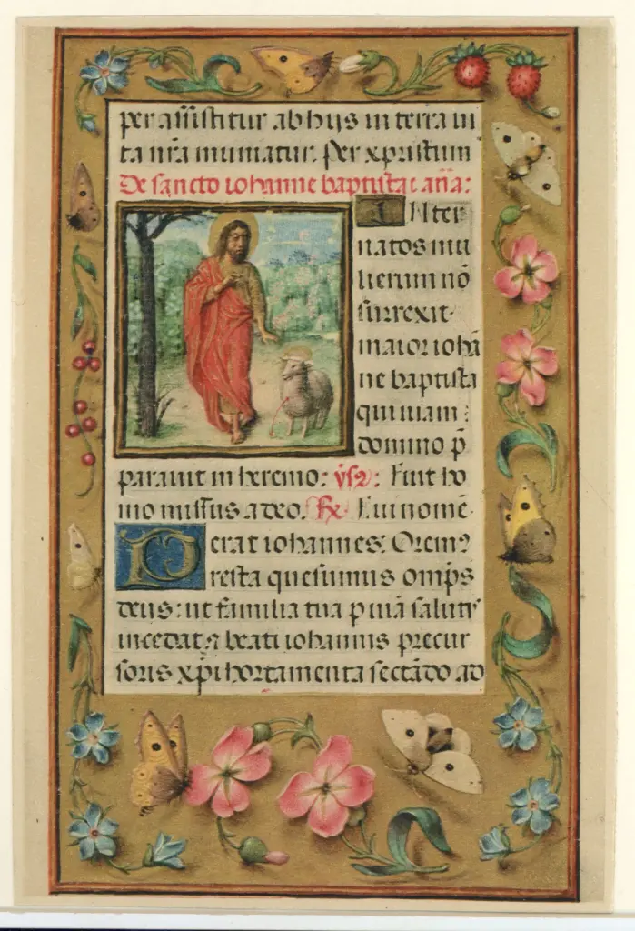 Anonimo sec. XV/ XVI , San Giovanni Battista con l'agnello, Cornice con motivi decorativi fitomorfi e animali