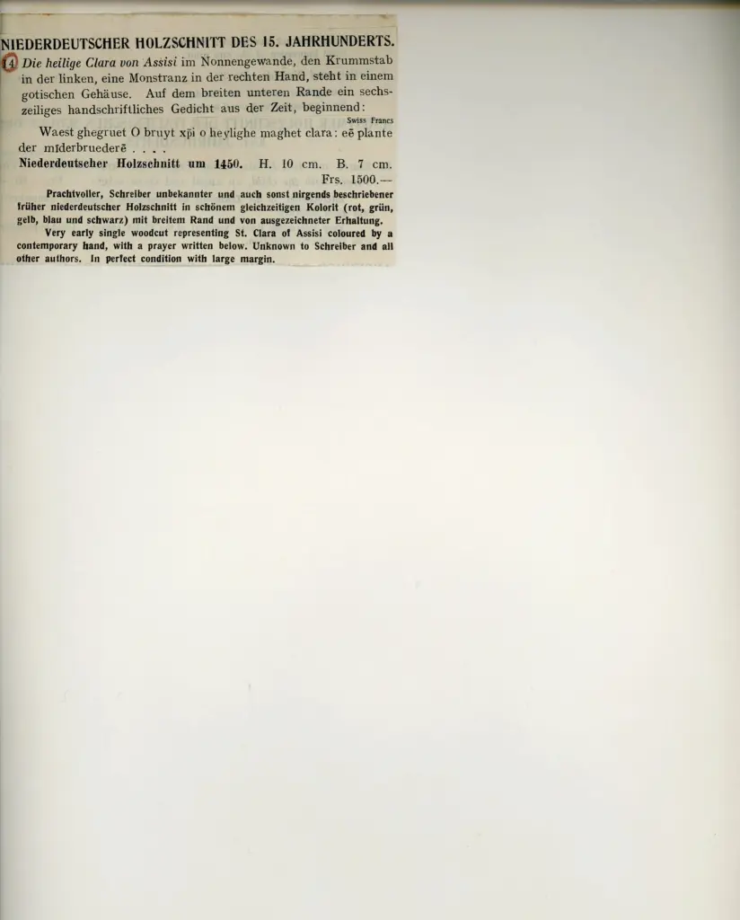 Anonimo , Anonimo - sec. XV - Xilografia, Santa Chiara d'Assisi , retro