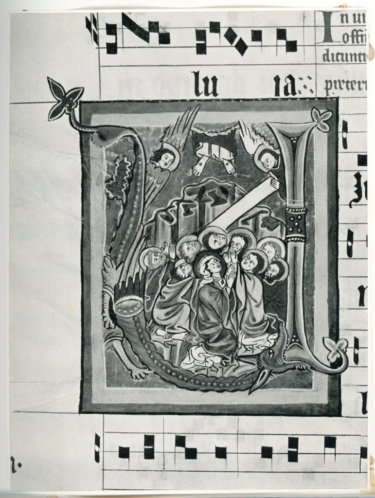 Anonimo sec. XIII/ XIV , Iniziale V, Iniziale istoriata, Apostoli che assistono all'Ascensione, Motivi decorativi fitomorfi