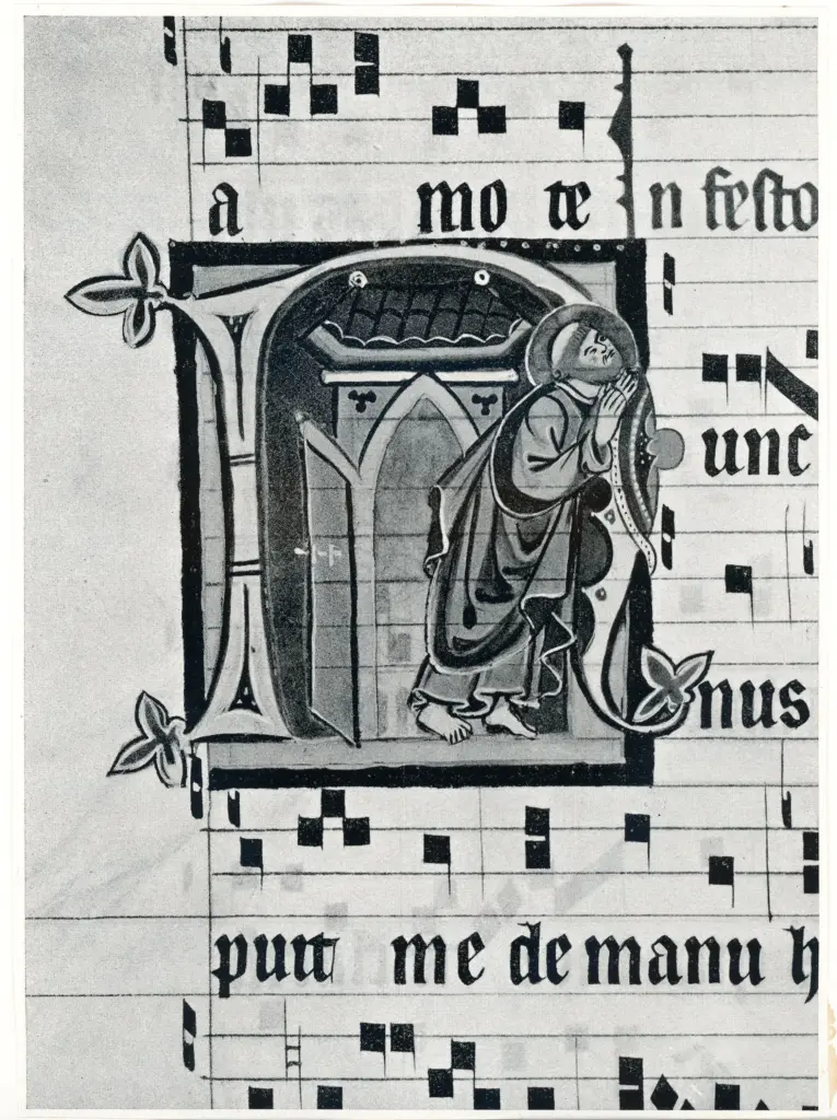 Anonimo sec. XIII/ XIV , Iniziale N, Iniziale abitata, Santo orante, Finte architetture