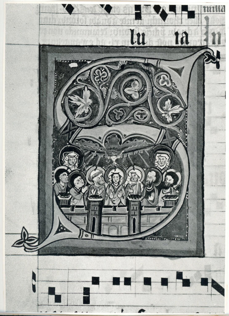 Anonimo sec. XIII/ XIV , Iniziale S, Iniziale istoriata, Finte architetture, Pentecoste, Motivi decorativi fitomorfi