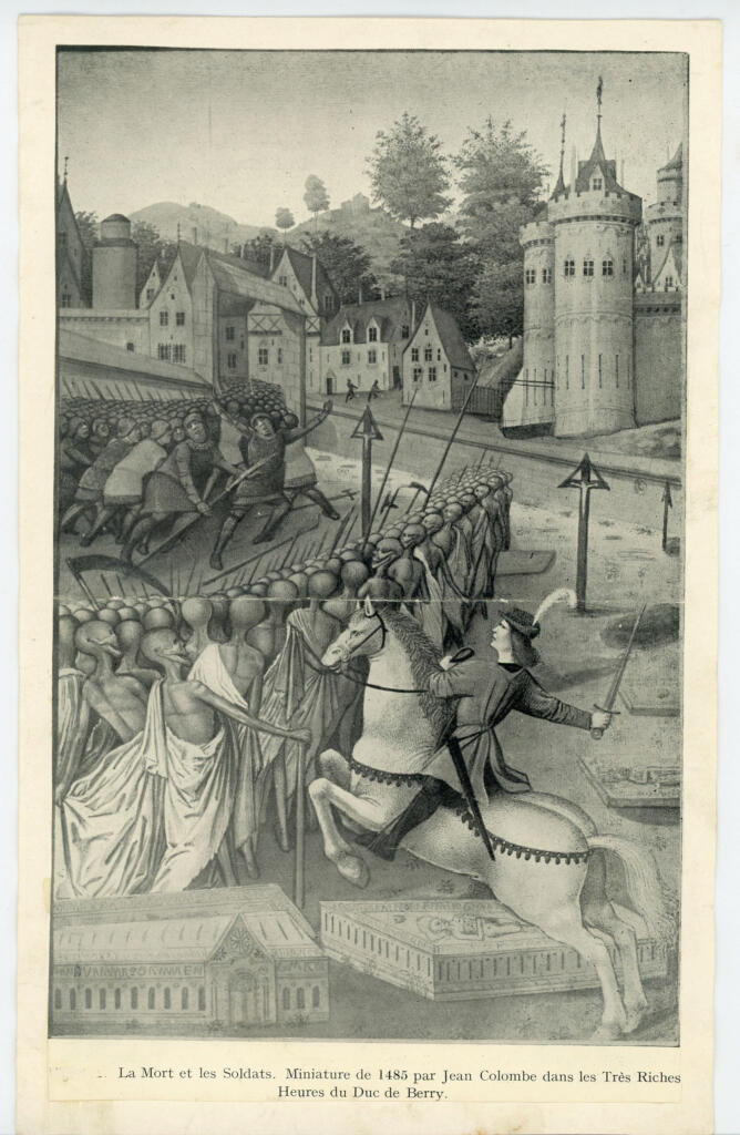 Anonimo , La Mort et les Soldats. Miniature de 1485 par Jean Colombe dans les Très Riches - Heures du Duc de Berry , fronte