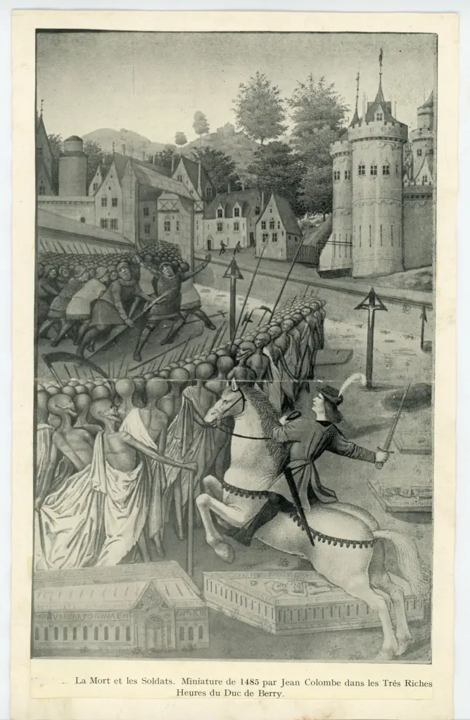 Anonimo , La Mort et les Soldats. Miniature de 1485 par Jean Colombe dans les Très Riches - Heures du Duc de Berry , fronte