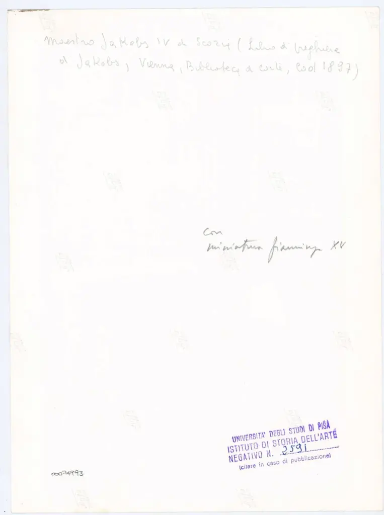 Universit&agrave; di Pisa. Dipartimento di Storia delle Arti , Maestro Jakobs IV di Scozia (Libro di preghiere di Jakobs, Vienna, Biblioteca di corte, Cod 1897) , retro
