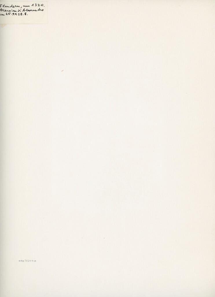 Anonimo , Flandern, um 1320. Ascensione di Alessandro - cm. 25.9x28.8. , retro