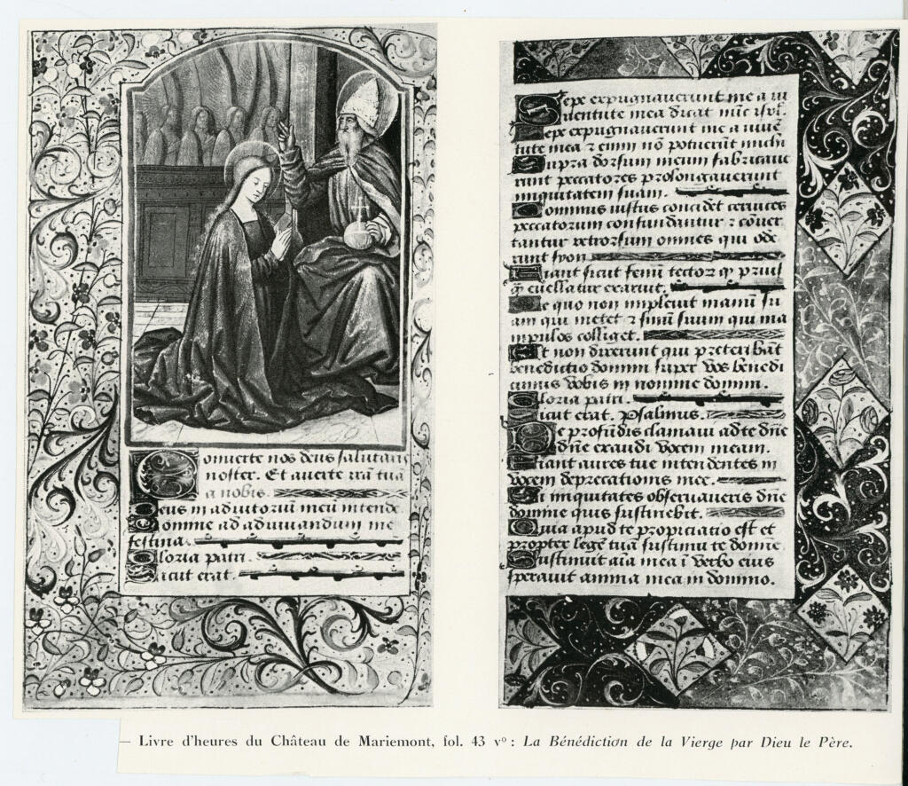 Anonimo , Livres d'heures du Château de Mariemont, fol. 43 v°: La Bénédiction de la Vierge par Dieu le Père. , fronte
