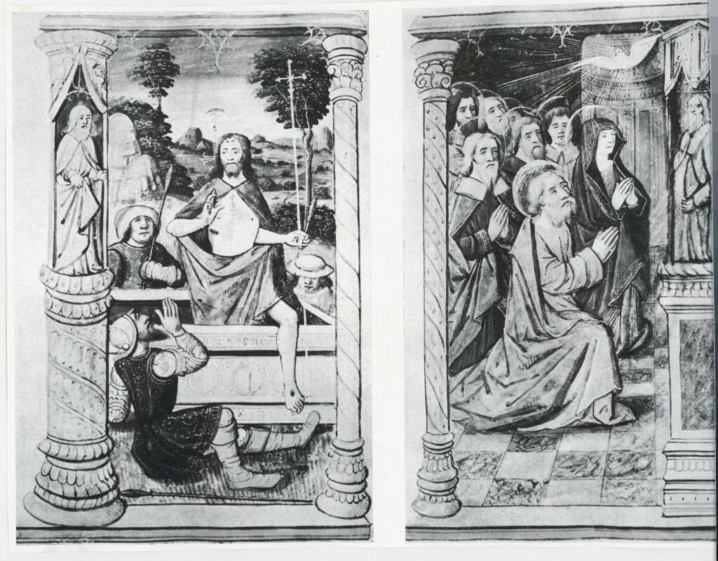 Anonimo , Livres d'heures du Château de Mariemont, fol. 25 v° et 25 r°: La Résurrection; La Pentecôte. , fronte