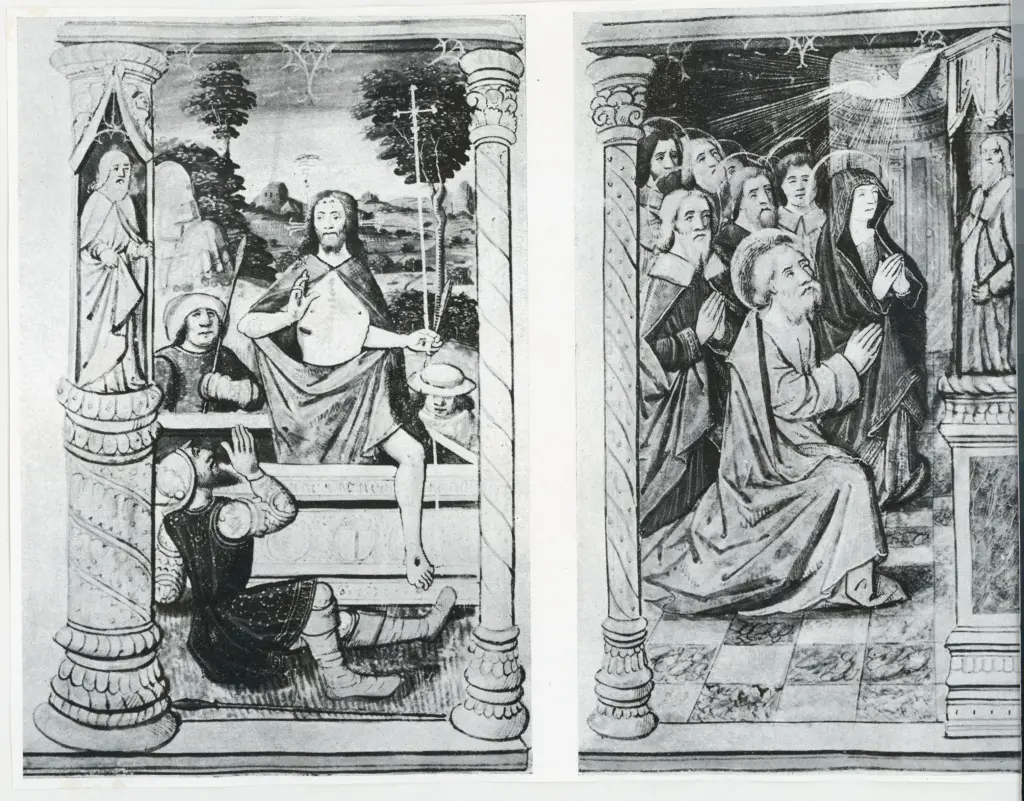 Anonimo sec. XV/ XVI , Resurrezione di Cristo, Pentecoste, Finte architetture