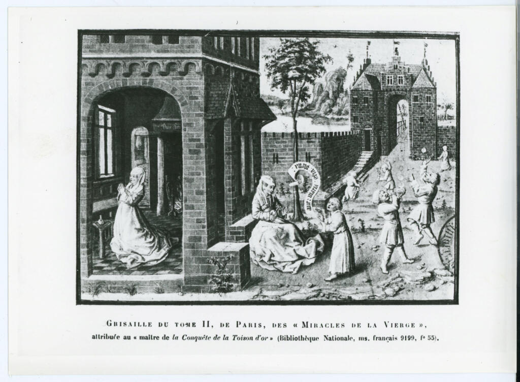Anonimo , Grisaille du tome II, de Paris, des Miracles de la Vierge », attribuée au « maître de la Conquête de la Toison d'or » (Bibliothèque Nationale, ms. français 9199, f° 55). , fronte