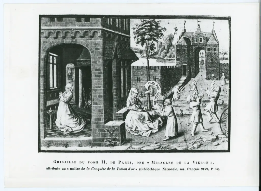 Anonimo , Grisaille du tome II, de Paris, des Miracles de la Vierge &raquo;, attribu&eacute;e au &laquo; ma&icirc;tre de la Conqu&ecirc;te de la Toison d'or &raquo; (Biblioth&egrave;que Nationale, ms. fran&ccedil;ais 9199, f&deg; 55). , fronte