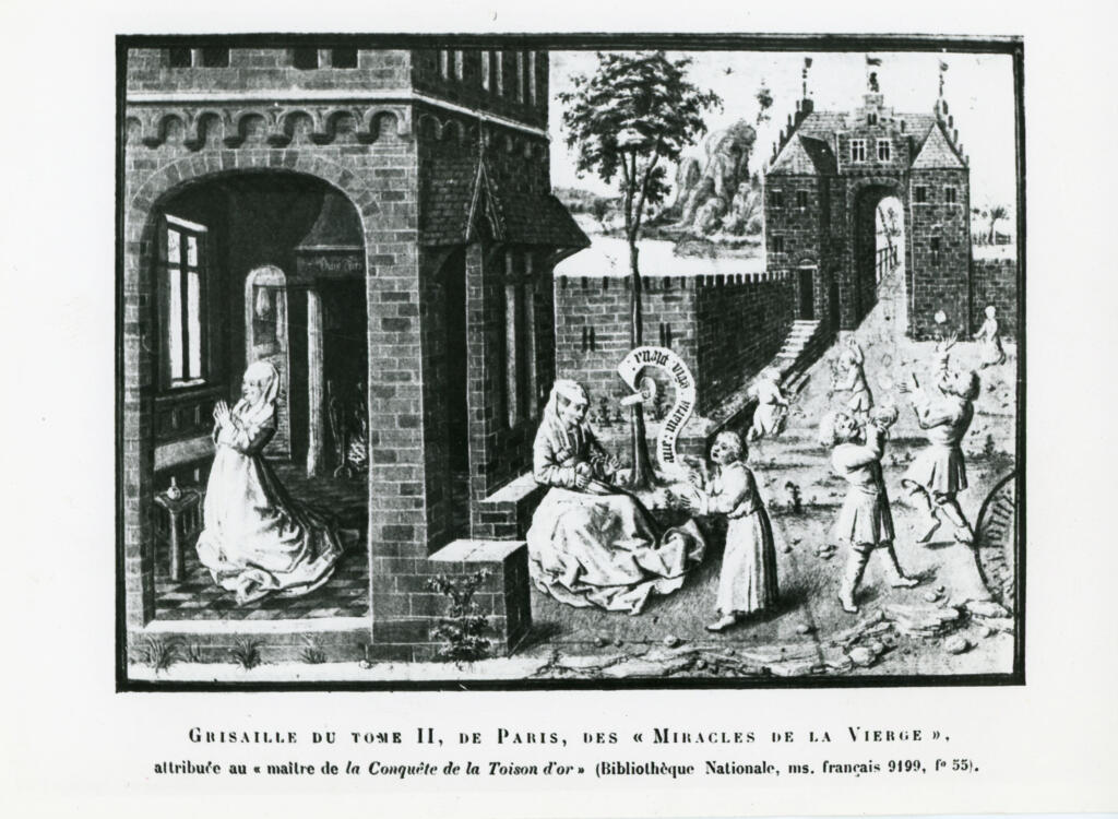 Anonimo , Grisaille du tome II, de Paris, des Miracles de la Vierge », attribuée au « maître de la Conquête de la Toison d'or » (Bibliothèque Nationale, ms. français 9199, f° 55). , fronte