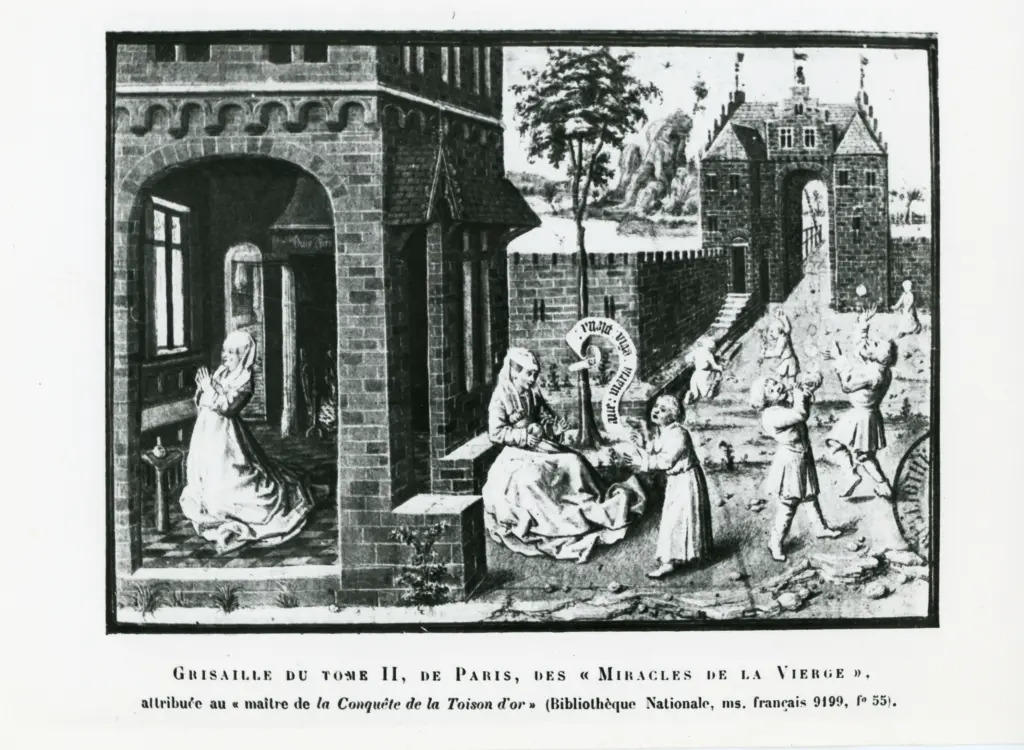 Anonimo , Grisaille du tome II, de Paris, des Miracles de la Vierge &raquo;, attribu&eacute;e au &laquo; ma&icirc;tre de la Conqu&ecirc;te de la Toison d'or &raquo; (Biblioth&egrave;que Nationale, ms. fran&ccedil;ais 9199, f&deg; 55). , fronte