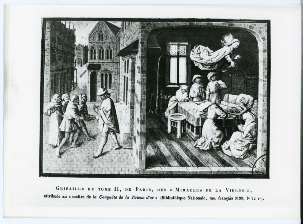 Anonimo , Grisaille du tome II, de Paris, des « Miracles de la Vierge », - attribuée au « maître de la Conquête de la Toison d'or » (Bibliothèque Nationale, ms. français 9199, f° 72 v°). , fronte