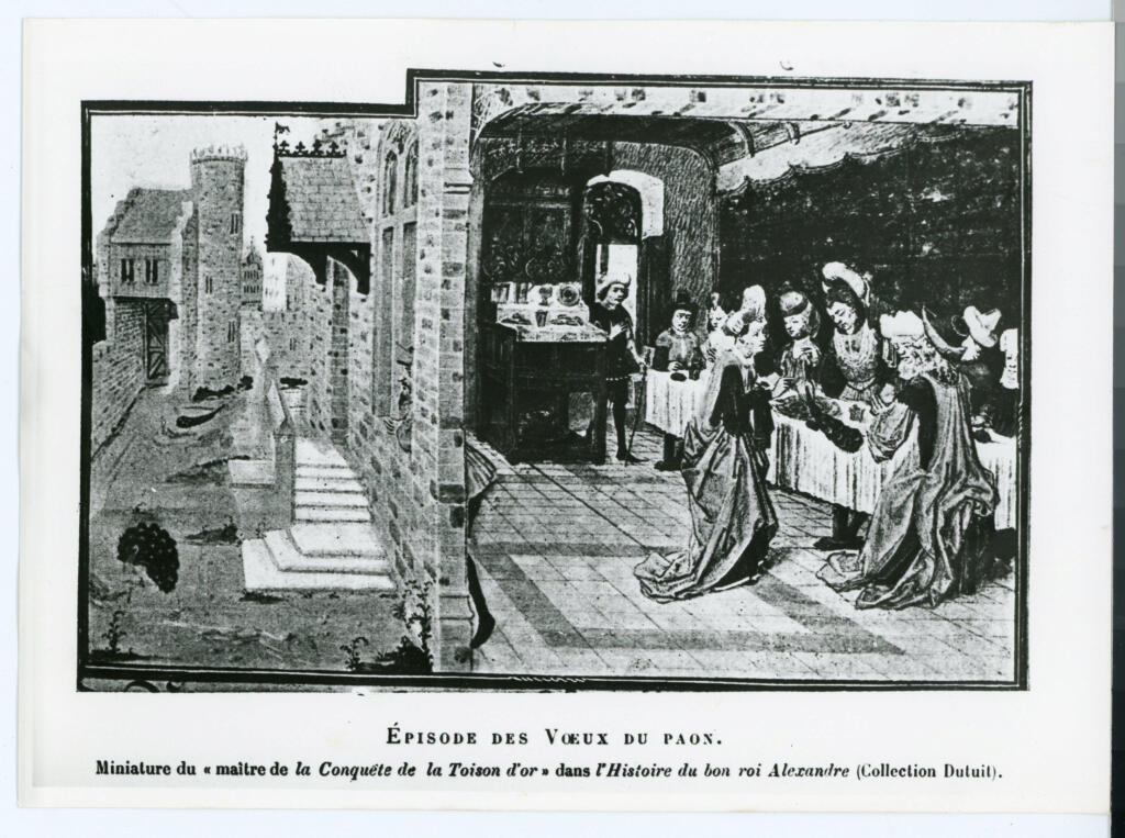 Anonimo , Épisode des Vœux du paon. - Miniature du « maître de la Conquète de la Toison d'or » dans l'Histoire du bon roi Alexandre (Collection Dutuit). , fronte