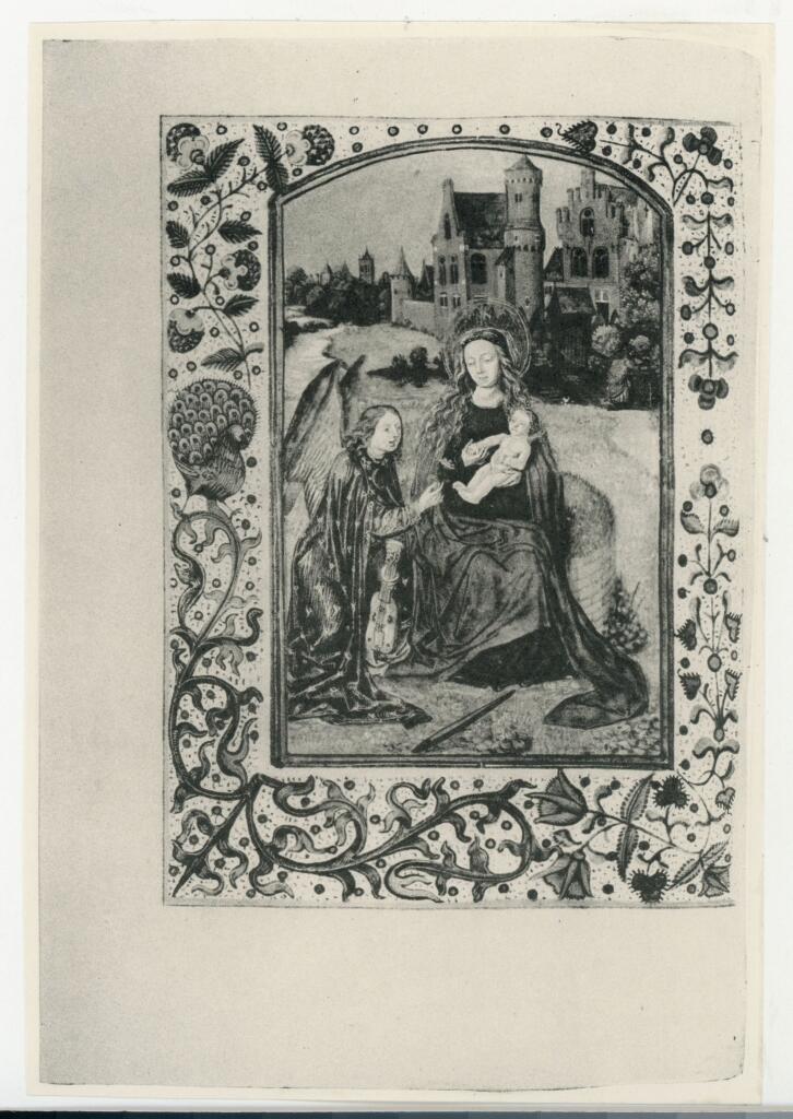 Anonimo sec. XV , Madonna con Bambino, Angelo musicante con viola, Cornice con motivi decorativi fitomorfi e animali, Pavone