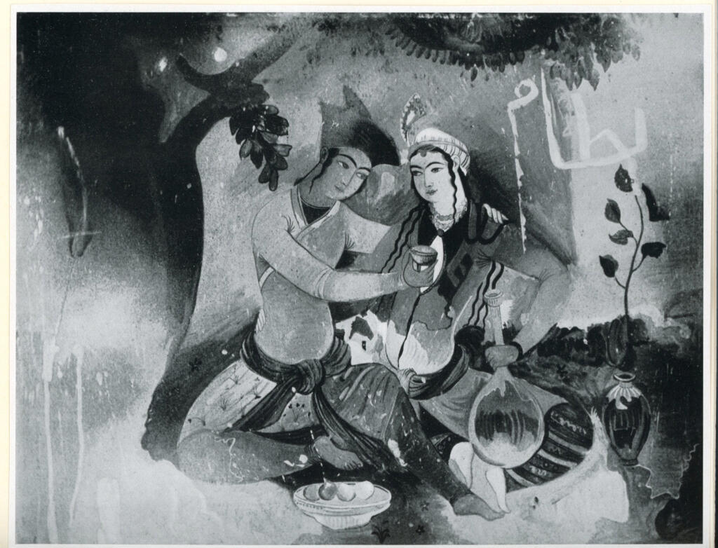 Anonimo , Liebespaar im garten. Freskomalerei aus dem schlosse Aschraf. Iran, 17. Jahrh. - Berlin, Ausstellung der islamischen abteilung der Staatl. museen. - , fronte