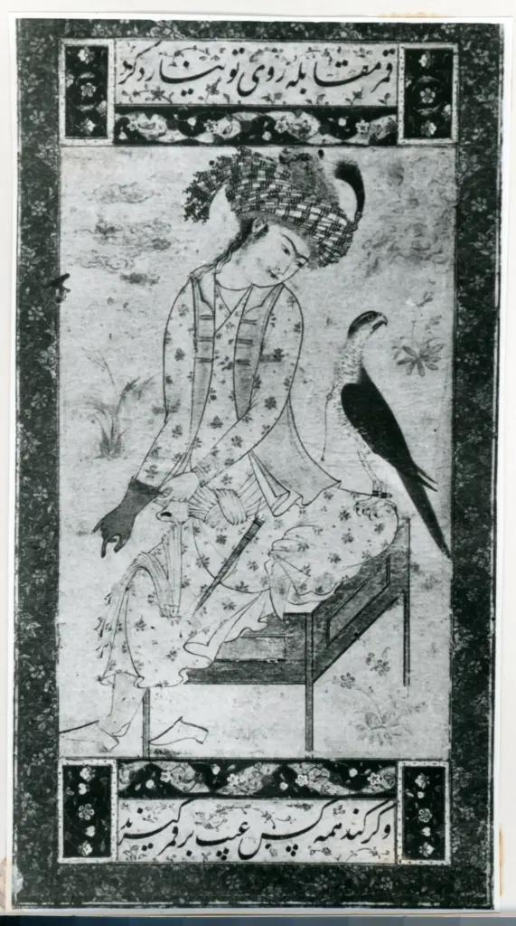 Anonimo , Jeune prince avec un faucon, miniature persane, XVIIe si&egrave;cle (?) - (Collection de M. C.-H. Read Londres. , fronte