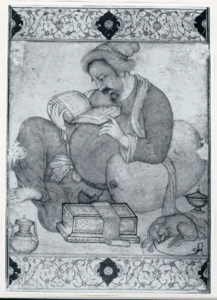 Basawan, attr. , Uomo seduto che legge, Cornice con motivi decorativi fitomorfi