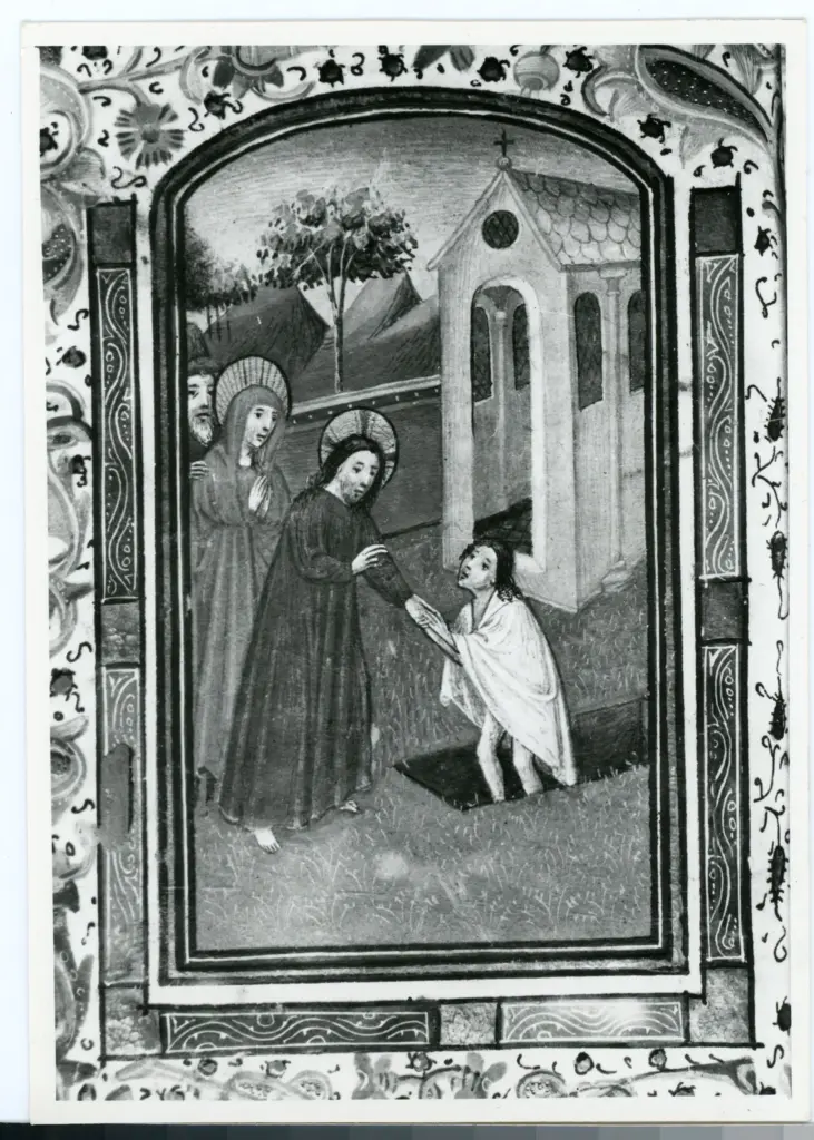 Anonimo sec. XV , Resurrezione di Lazzaro, Esterno di una chiesa, Cornice con motivi decorativi fitomorfi e geometrici