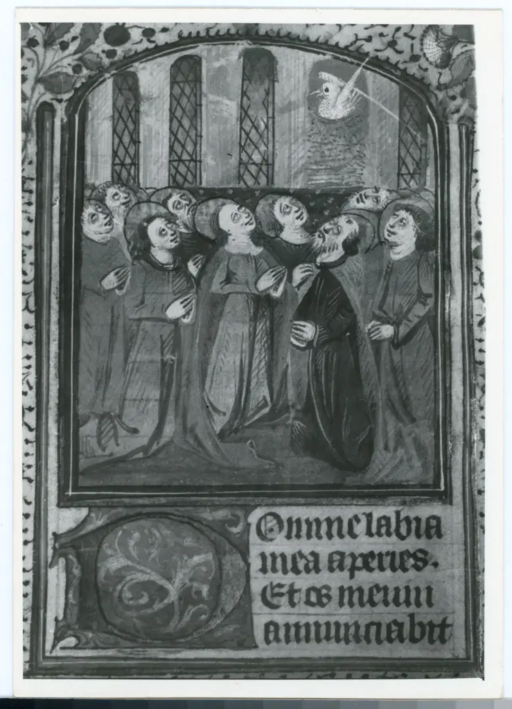 Anonimo sec. XV , Pentecoste, Iniziale D, Iniziale decorata, Cornice con motivi decorativi fitomorfi