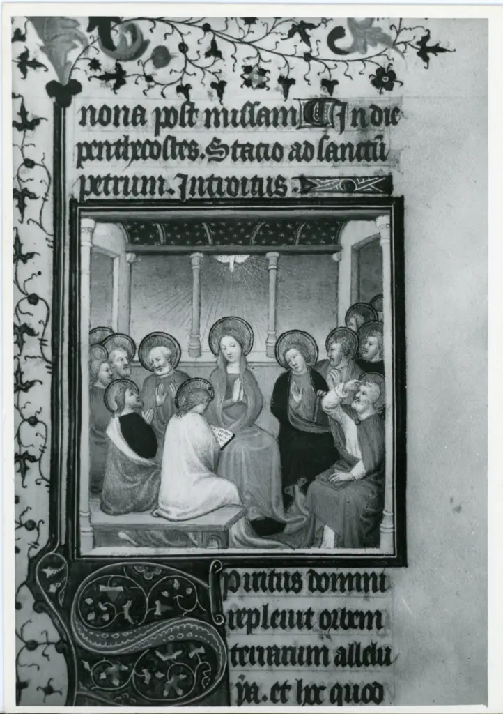 Maestro delle Ore del maresciallo Boucicaut, attr. , Pentecoste, Iniziale S, Iniziale decorata, Cornice con motivi decorativi fitomorfi