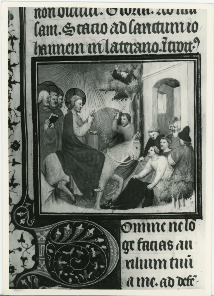 Maestro delle Ore del maresciallo Boucicaut, attr. , Entrata di Cristo in Gerusalemme, Iniziale D, Iniziale decorata, Cornice con motivi decorativi fitomorfi