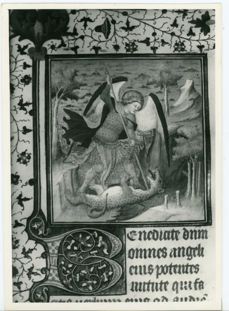 Maestro delle Ore del maresciallo Boucicaut, attr. , San Michele Arcangelo combatte contro il drago, Iniziale B, Iniziale decorata, Cornice con motivi decorativi fitomorfi
