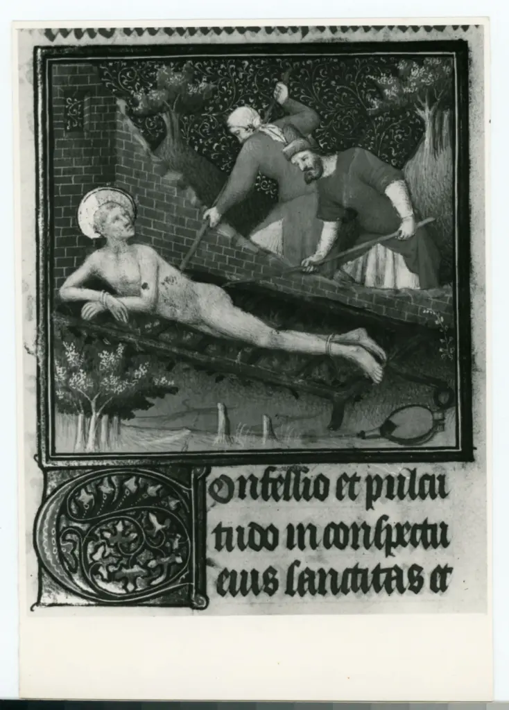 Maestro delle Ore del maresciallo Boucicaut, attr. , Martirio di san Lorenzo, Iniziale C, Iniziale decorata