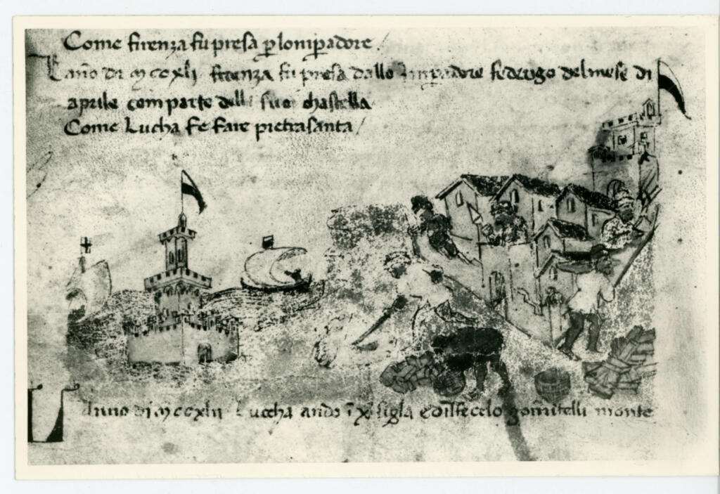 Anonimo , Archivio di Stato di Lucca - Bibl. Ms. n° 107 c. 22r - Sercambi G. Cronaca - Pietrasanta , fronte
