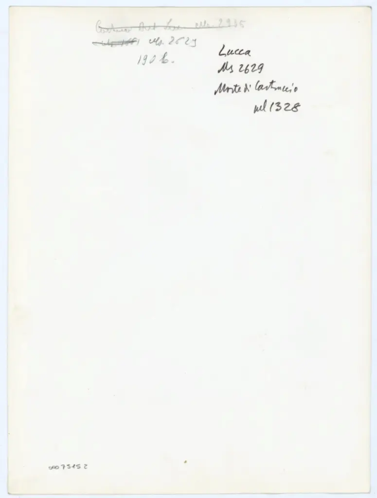 Anonimo , Lucca - Ms 2629 - Morte di Castruccio nel 1328 , retro