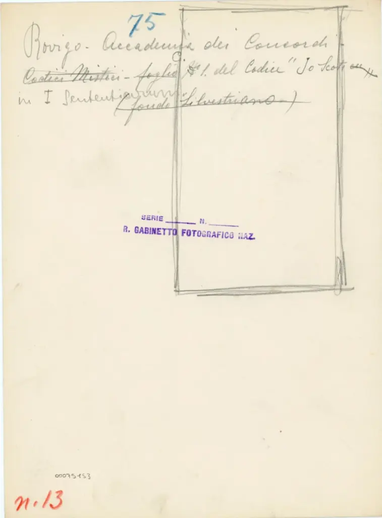 Istituto Centrale per il Catalogo e la Documentazione: Fototeca Nazionale , Rovigo - Accademia dei Concordi - C. 1 del Codice "Jo Scoti in I sententiarium" , retro