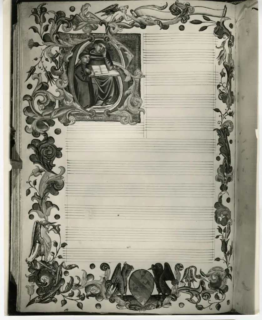 Anonimo fiorentino sec. XV , Iniziale G, Iniziale abitata, Chierici, Stemma araldico, Cornice con motivi decorativi fitomorfi e animali, Figure antropomorfe