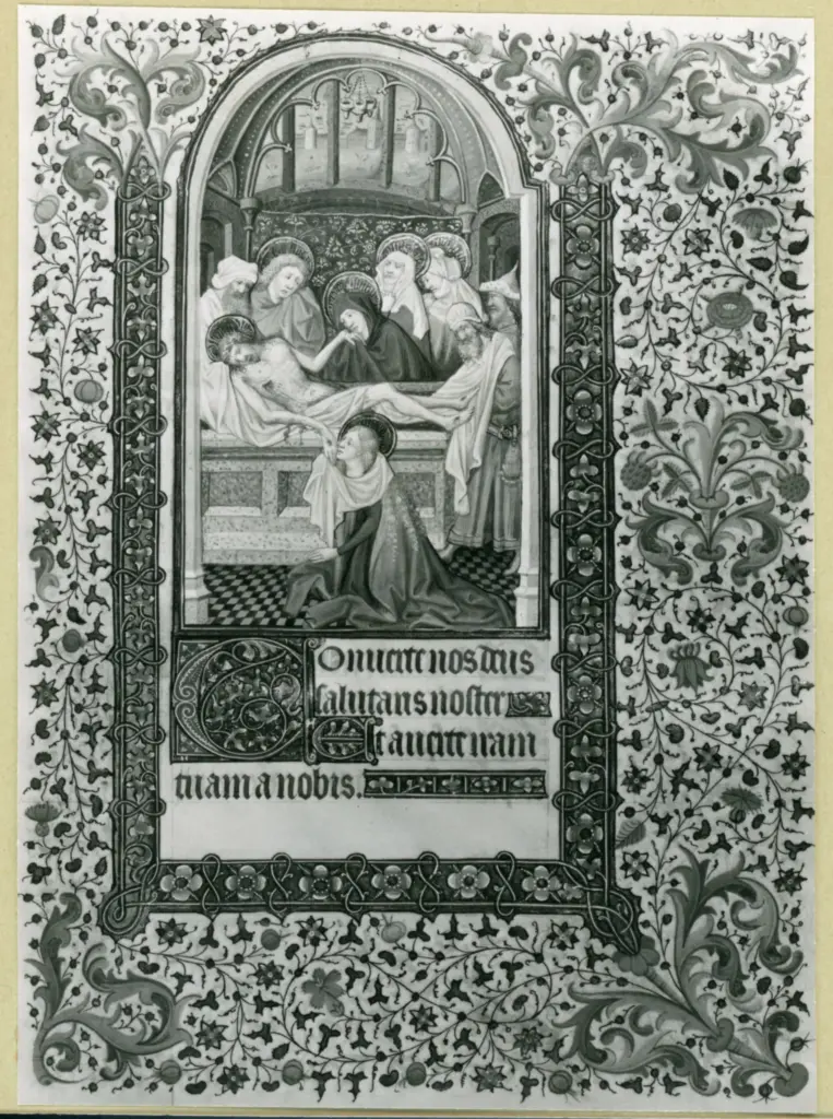 Maestro di Bedford, attr. , Storie della Passione di Cristo, Deposizione di Cristo nel sepolcro, Iniziale D, Iniziale E, Iniziale decorata, Cornice con motivi decorativi fitomorfi