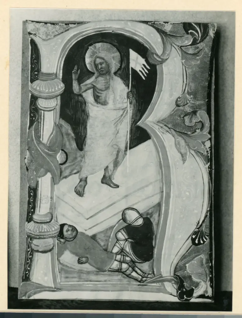Anonimo sec. XV , Iniziale R, Iniziale istoriata, Resurrezione di Cristo, Soldati dormienti, Motivi decorativi fitomorfi