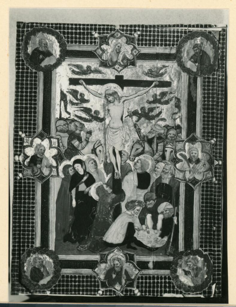 Anonimo , Anonimo sec. XV - sec. XV - Crocifissione di Cristo con i dolenti; Angeli e santi , fronte
