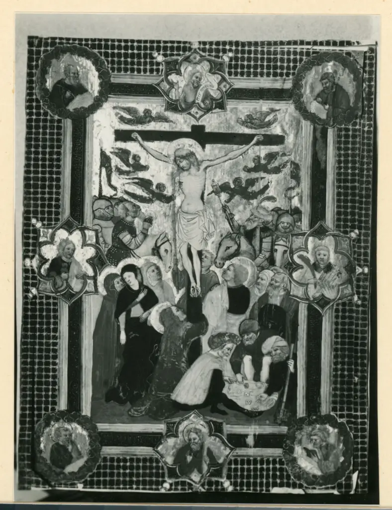 Anonimo sec. XV , Crocifissione di Cristo con i dolenti, Angeli e santi