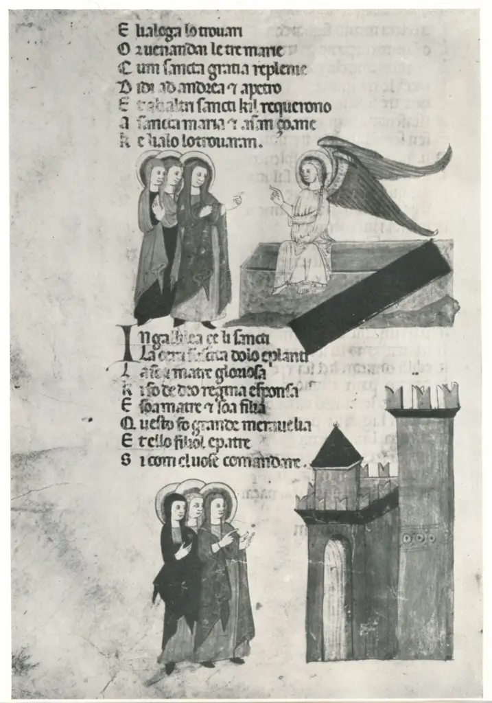 Anonimo bolognese sec. XIV , Marie al sepolcro, Angelo annuncia la Resurrezione alle pie donne