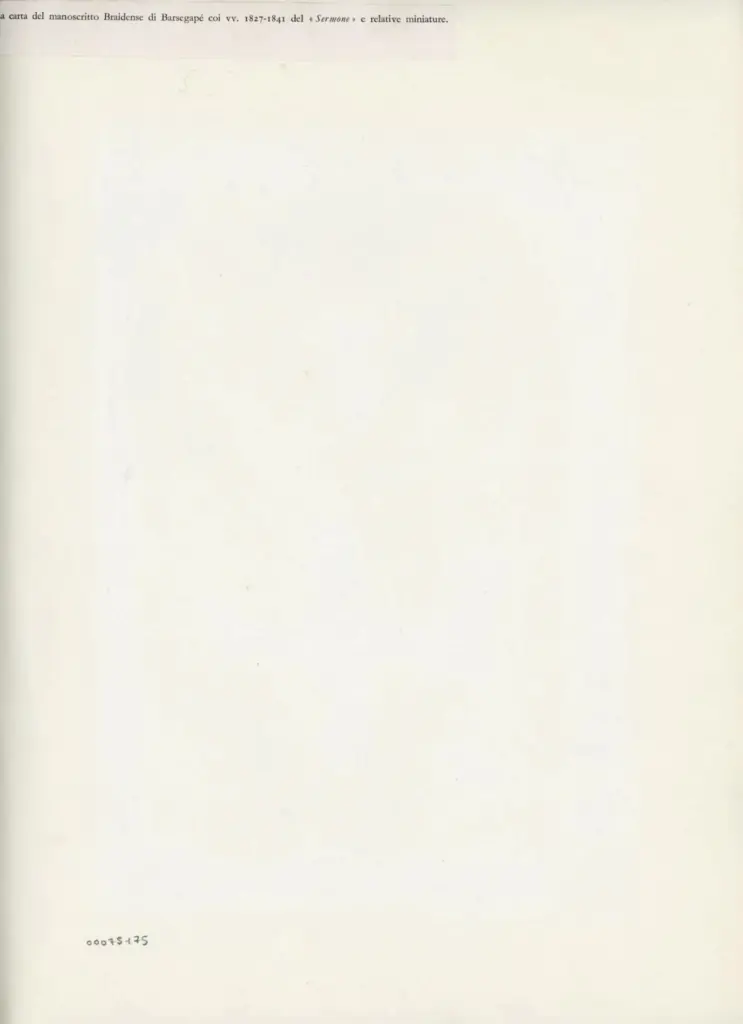 Anonimo , La carta del manoscritto Braidense di Barsegap&eacute; coi vv. 1827-1841 del &laquo; Sermone &raquo; e relative miniature. , retro
