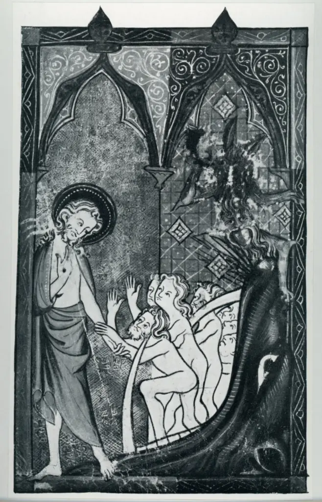 Anonimo sec. XIV , Discesa agli inferi, Cornice con motivi decorativi geometrici