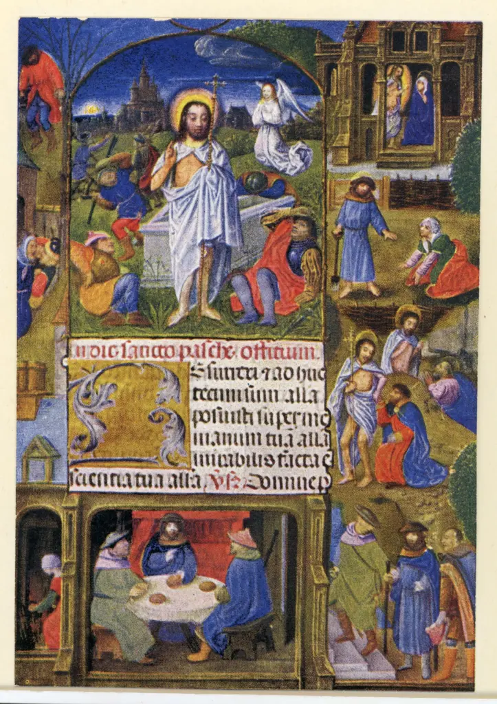 Marmion Simon , Pagina miniata, Resurrezione di Cristo, Soldati dormienti al Santo Sepolcro, Iniziale R, Iniziale decorata, Motivi decorativi fitomorfi