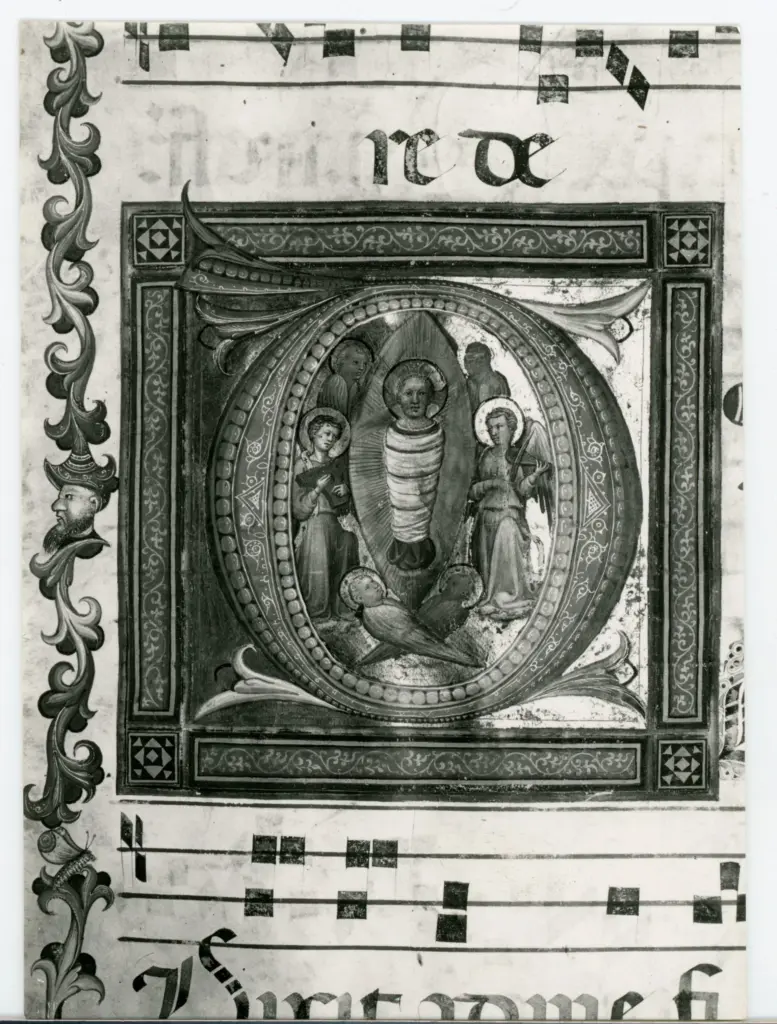 Battista di Biagio Sanguigni , Iniziale abitata, Ges&ugrave; Bambino con angeli, Motivi decorativi fitomorfi, Cornice con motivi decorativi fitomorfi e geometrici, Notazione musicale