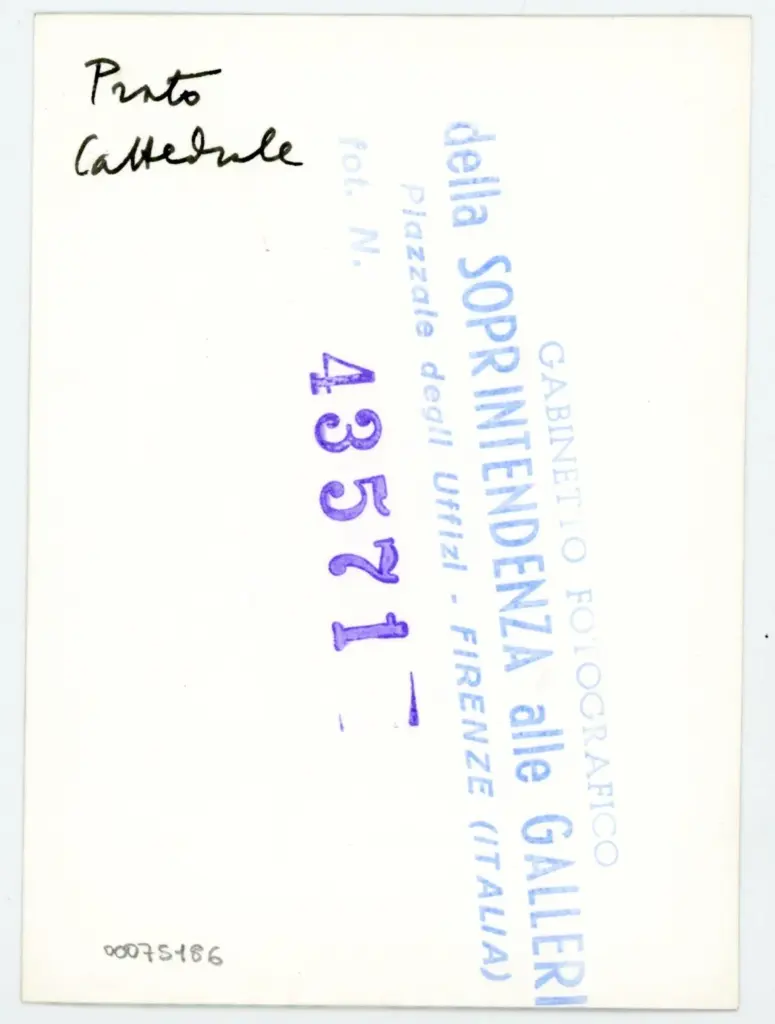 Gabinetto Fotografico della Soprintendenza Speciale per il Patrimonio Storico, Artistico ed Etnoantropologico e per il Polo Museale della città di Firenze , Franchi Rossello di Jacopo - 1429 - Prato, Museo dell'Opera del Duomo, ms. D, f. 36r, particolare , retro