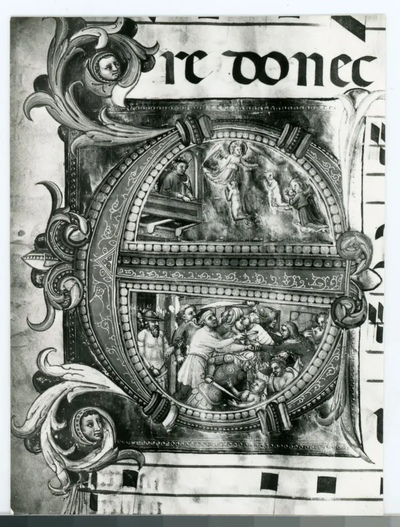 Gabinetto Fotografico della Soprintendenza Speciale per il Patrimonio Storico, Artistico ed Etnoantropologico e per il Polo Museale della citt&agrave; di Firenze , Battista di Biagio Sanguigni - 1429 - Prato, Museo dell'Opera del Duomo, ms. D, f. 67r, particolare , fronte