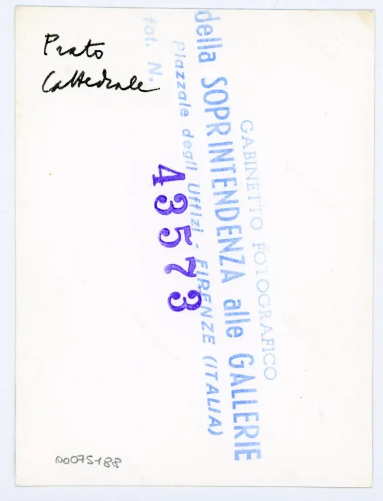 Gabinetto Fotografico della Soprintendenza Speciale per il Patrimonio Storico, Artistico ed Etnoantropologico e per il Polo Museale della citt&agrave; di Firenze , Battista di Biagio Sanguigni - 1429 - Prato, Museo dell'Opera del Duomo, ms. D, f. 67r, particolare , retro