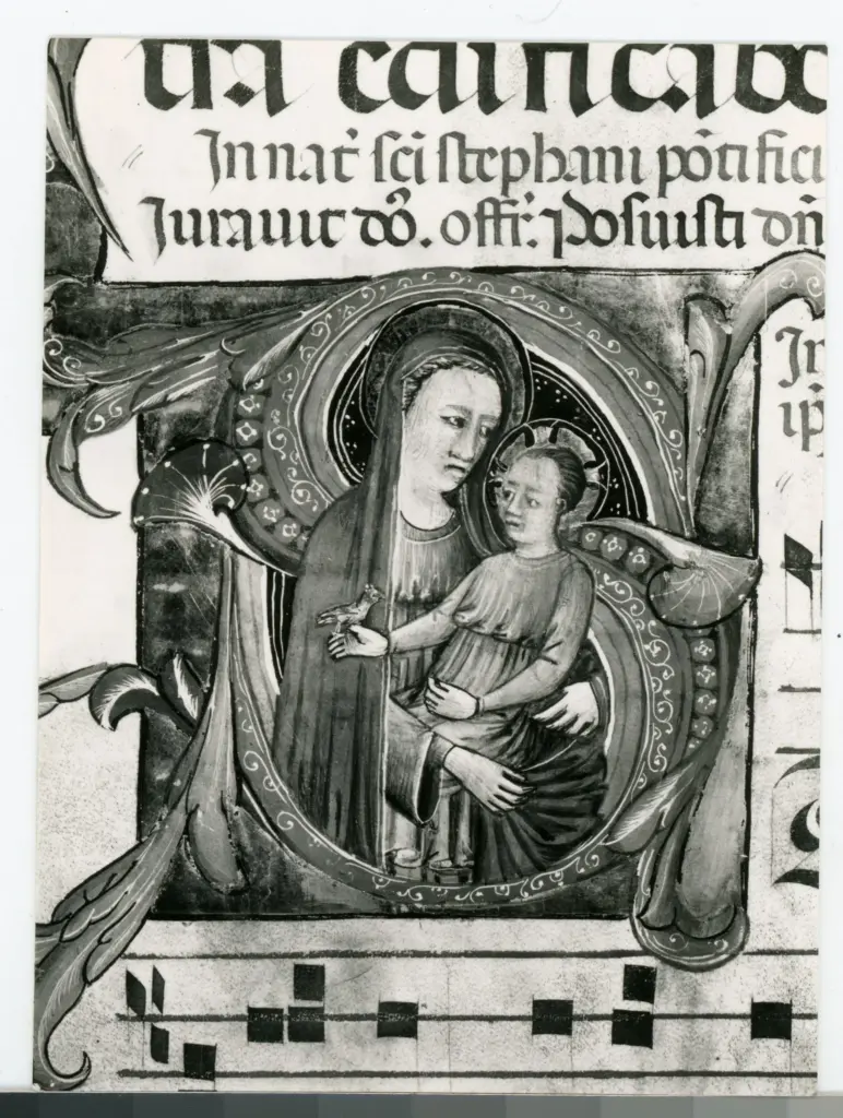 Gabinetto Fotografico della Soprintendenza Speciale per il Patrimonio Storico, Artistico ed Etnoantropologico e per il Polo Museale della citt&agrave; di Firenze , Anonimo toscano sec. XIV/ XV - 1435 - Prato, Archivio Storico Diocesano, Archivio del Capitolo della Cattedrale, ms. 6 (gi&agrave; C), f. 45v, particolare , fronte
