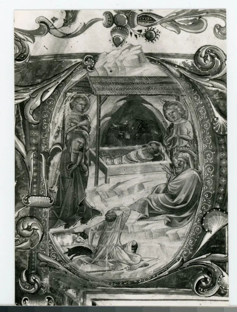 Bartolomeo di Fruosino , Iniziale P, Iniziale istoriata, Natività di Gesù, Motivi decorativi fitomorfi