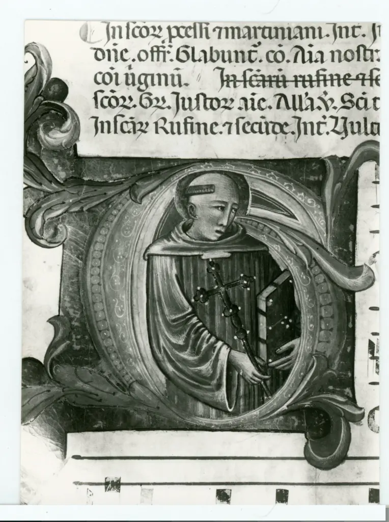 Gabinetto Fotografico della Soprintendenza Speciale per il Patrimonio Storico, Artistico ed Etnoantropologico e per il Polo Museale della citt&agrave; di Firenze , Anonimo fiorentino sec. XIV/ XV - 1435 - Prato, Archivio Storico Diocesano, Archivio del Capitolo della Cattedrale, ms. 6 (gi&agrave; C), f. 42v, particolare , fronte